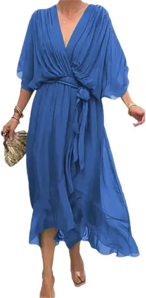 Stylish and Elegant V-Neck Maxi Dress, Artistic Style Loose Chiffon Long Dress, Formal Evening Gowns Bride Dress Skirt