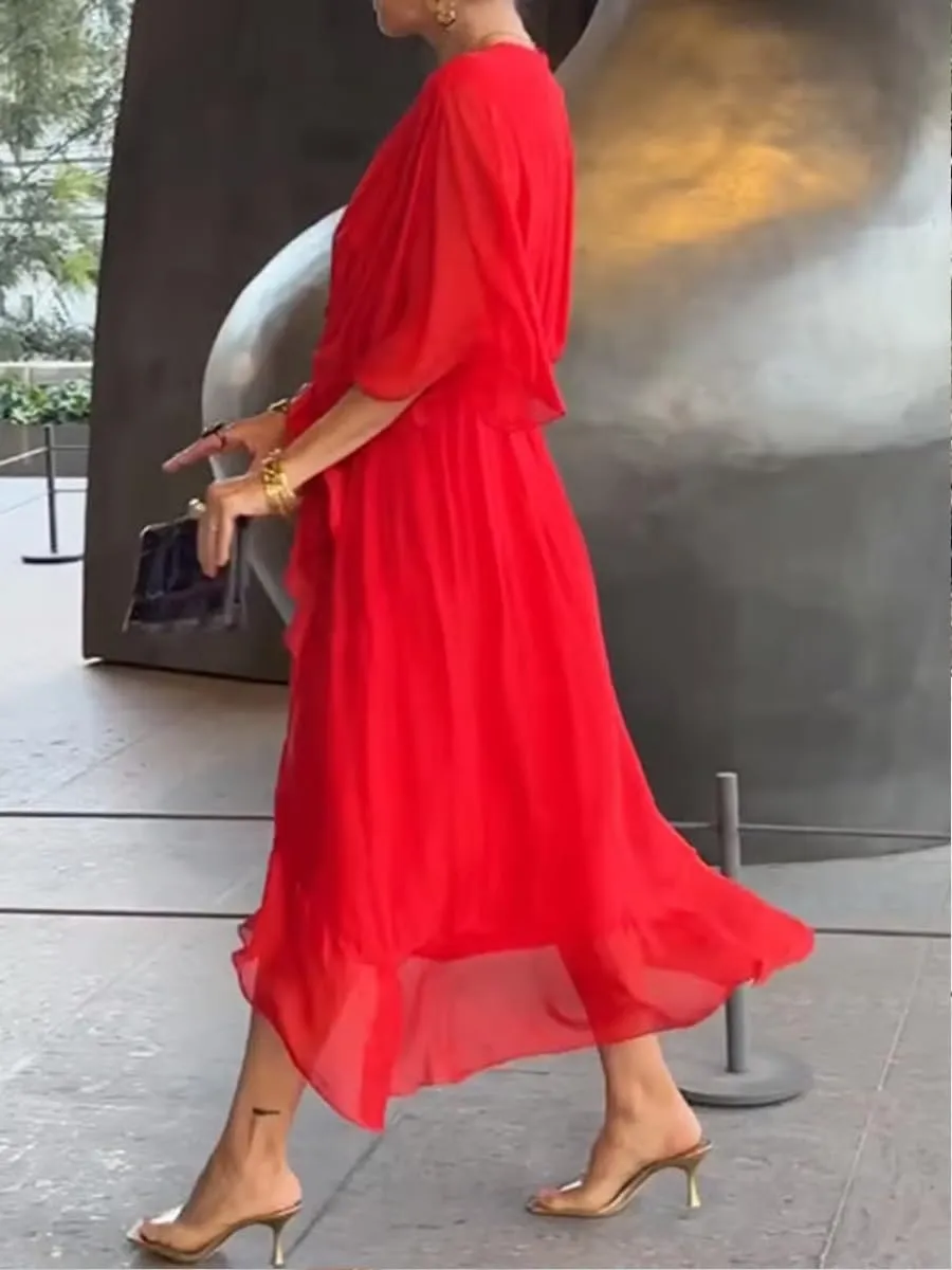 Stylish and Elegant V-Neck Maxi Dress, Artistic Style Loose Chiffon Long Dress, Formal Evening Gowns Bride Dress Skirt