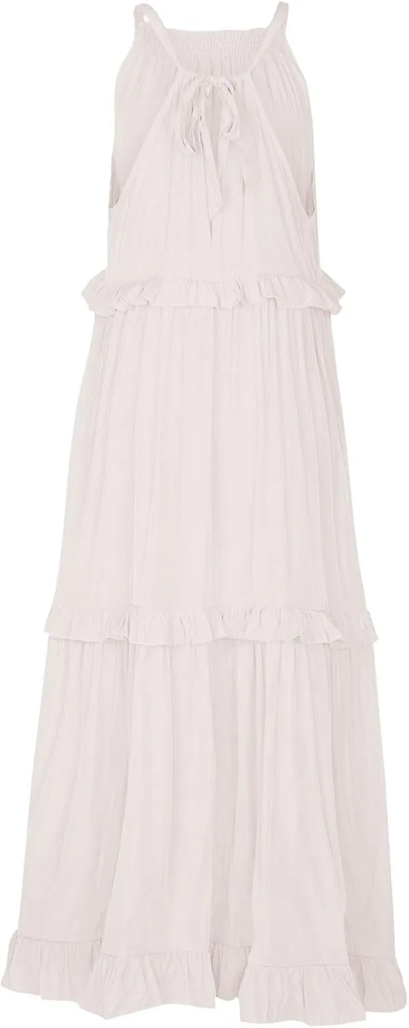 Summer Beach Dresses for Women 2024 Halter Tie Back Long Dress Tiered Smocked Ruffle Maxi Frocks Sleeveless Sundress