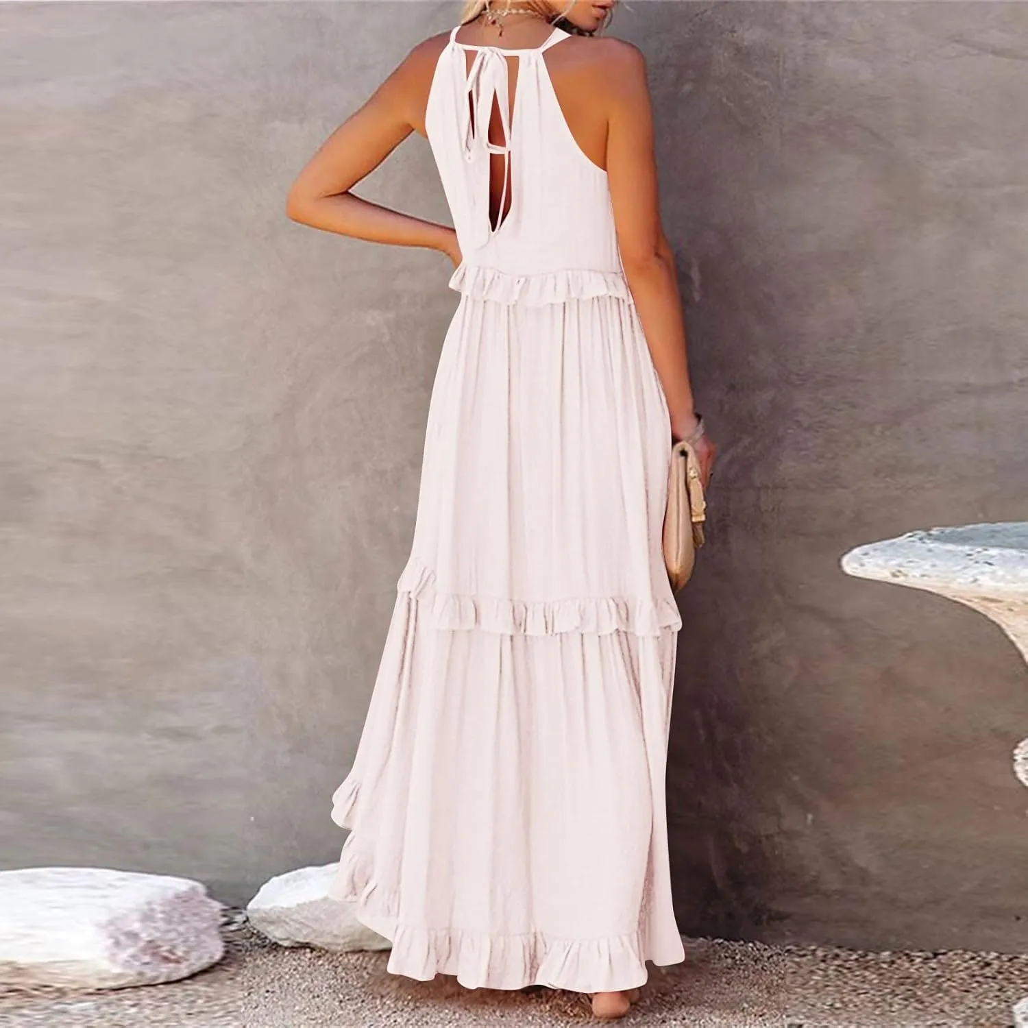 Summer Beach Dresses for Women 2024 Halter Tie Back Long Dress Tiered Smocked Ruffle Maxi Frocks Sleeveless Sundress