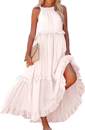 Summer Beach Dresses for Women 2024 Halter Tie Back Long Dress Tiered Smocked Ruffle Maxi Frocks Sleeveless Sundress