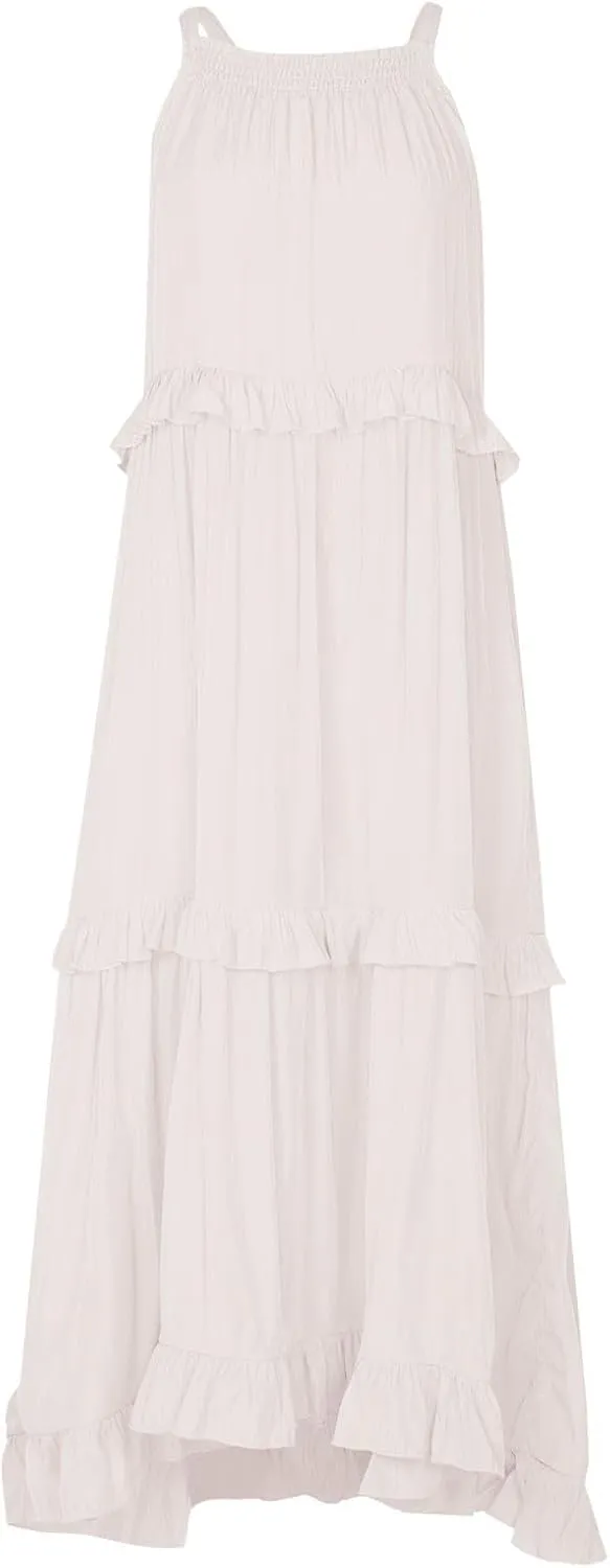 Summer Beach Dresses for Women 2024 Halter Tie Back Long Dress Tiered Smocked Ruffle Maxi Frocks Sleeveless Sundress