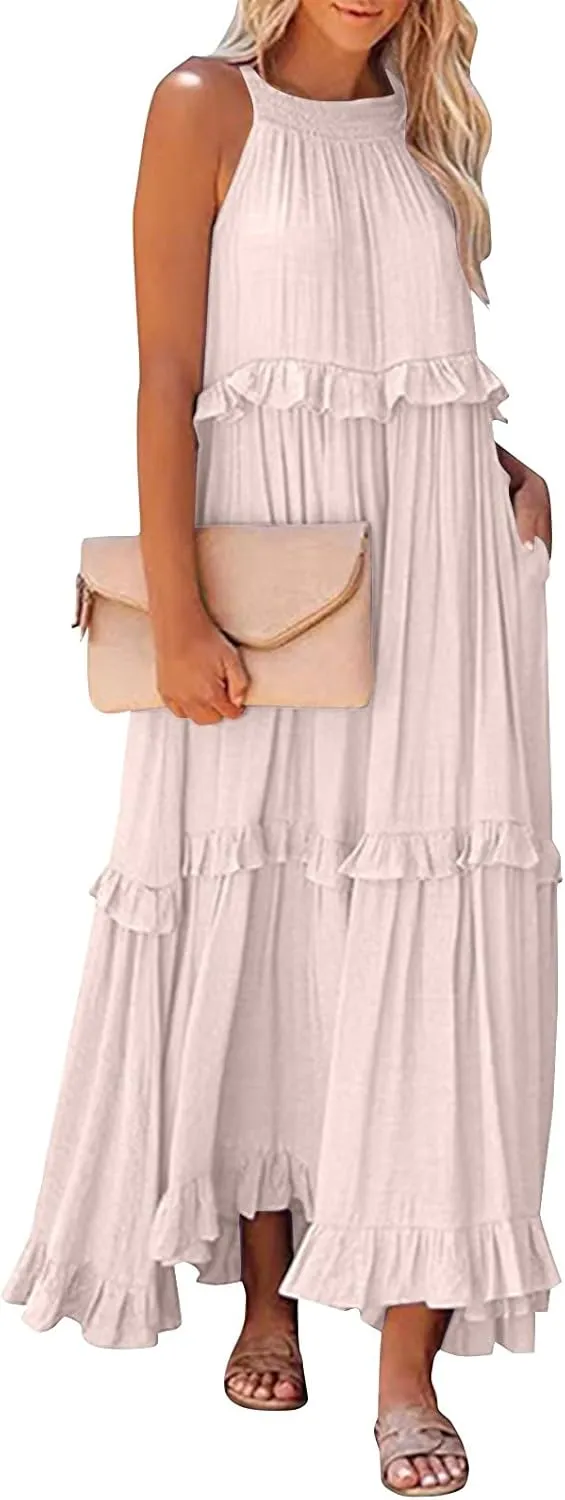Summer Beach Dresses for Women 2024 Halter Tie Back Long Dress Tiered Smocked Ruffle Maxi Frocks Sleeveless Sundress