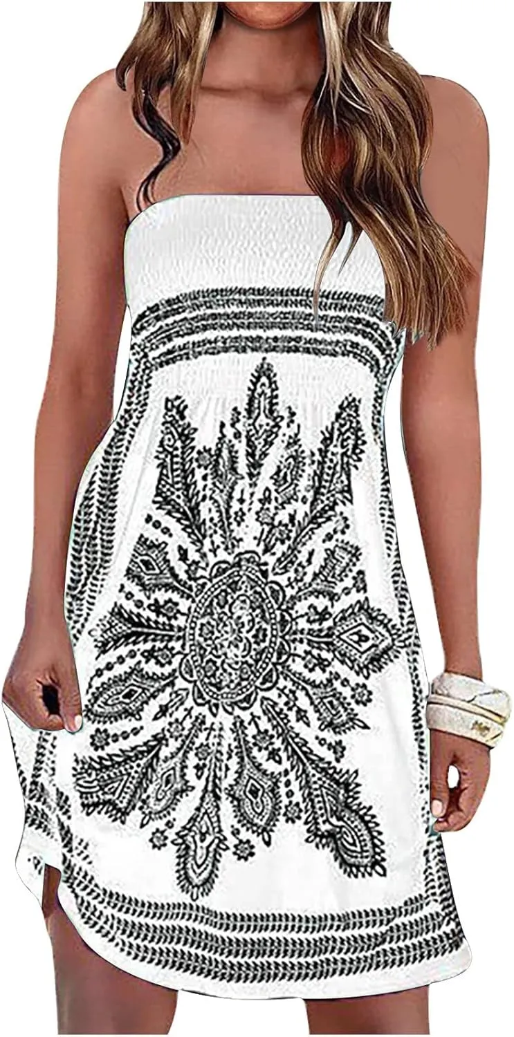 Summer Boho Dresses for Women 2024 Sexy Strapless Sundress Off The Shoulder Beach Dresses Tube Top Dress Trendy