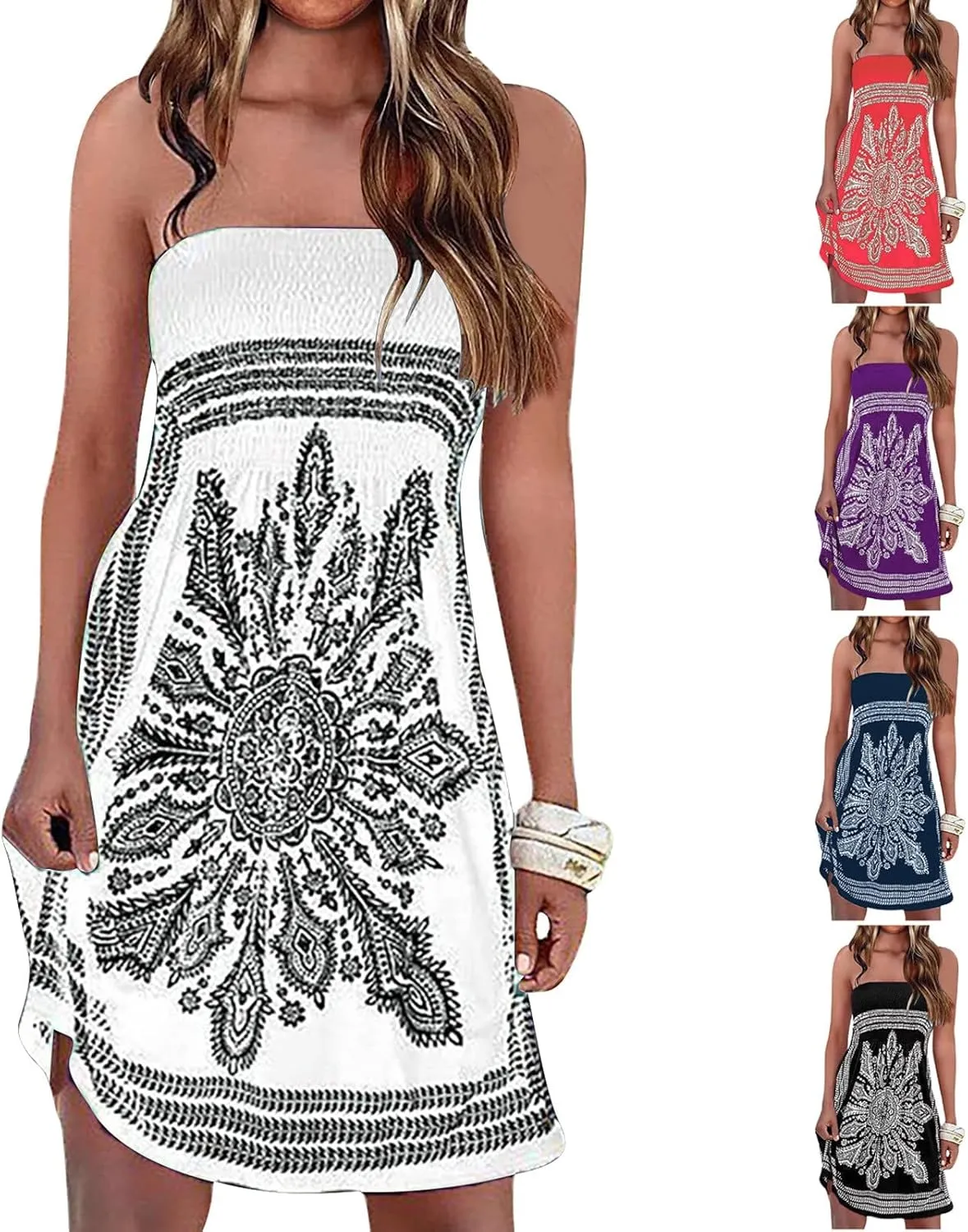 Summer Boho Dresses for Women 2024 Sexy Strapless Sundress Off The Shoulder Beach Dresses Tube Top Dress Trendy