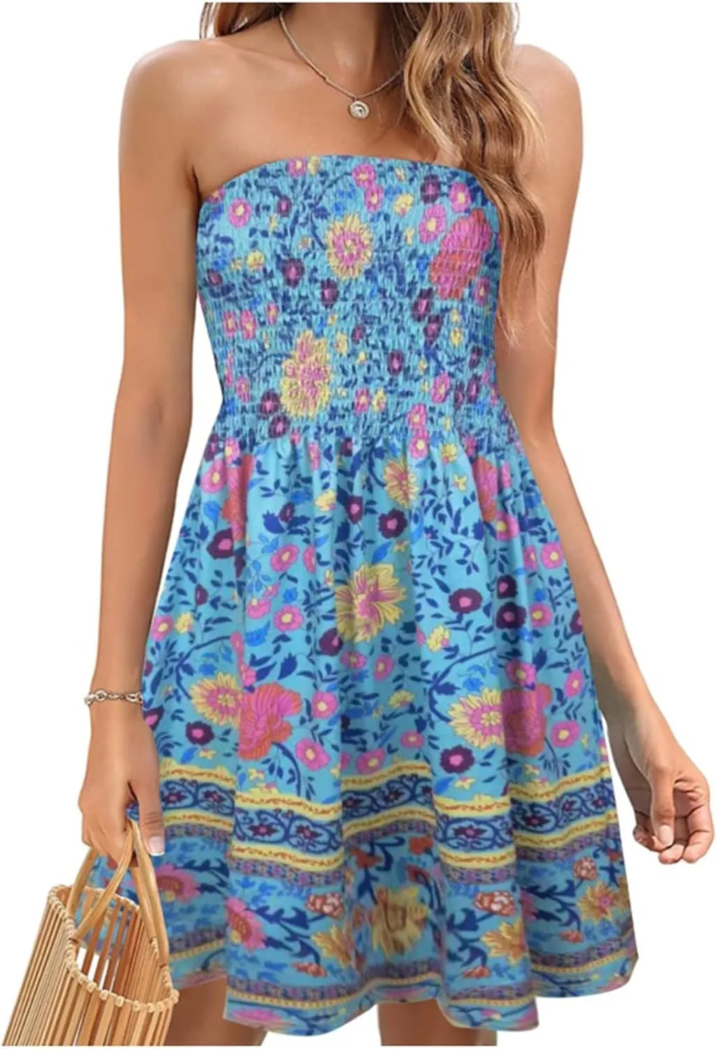 Summer Boho Dresses for Women 2024 Sexy Strapless Sundress Off The Shoulder Beach Dresses Tube Top Dress Trendy