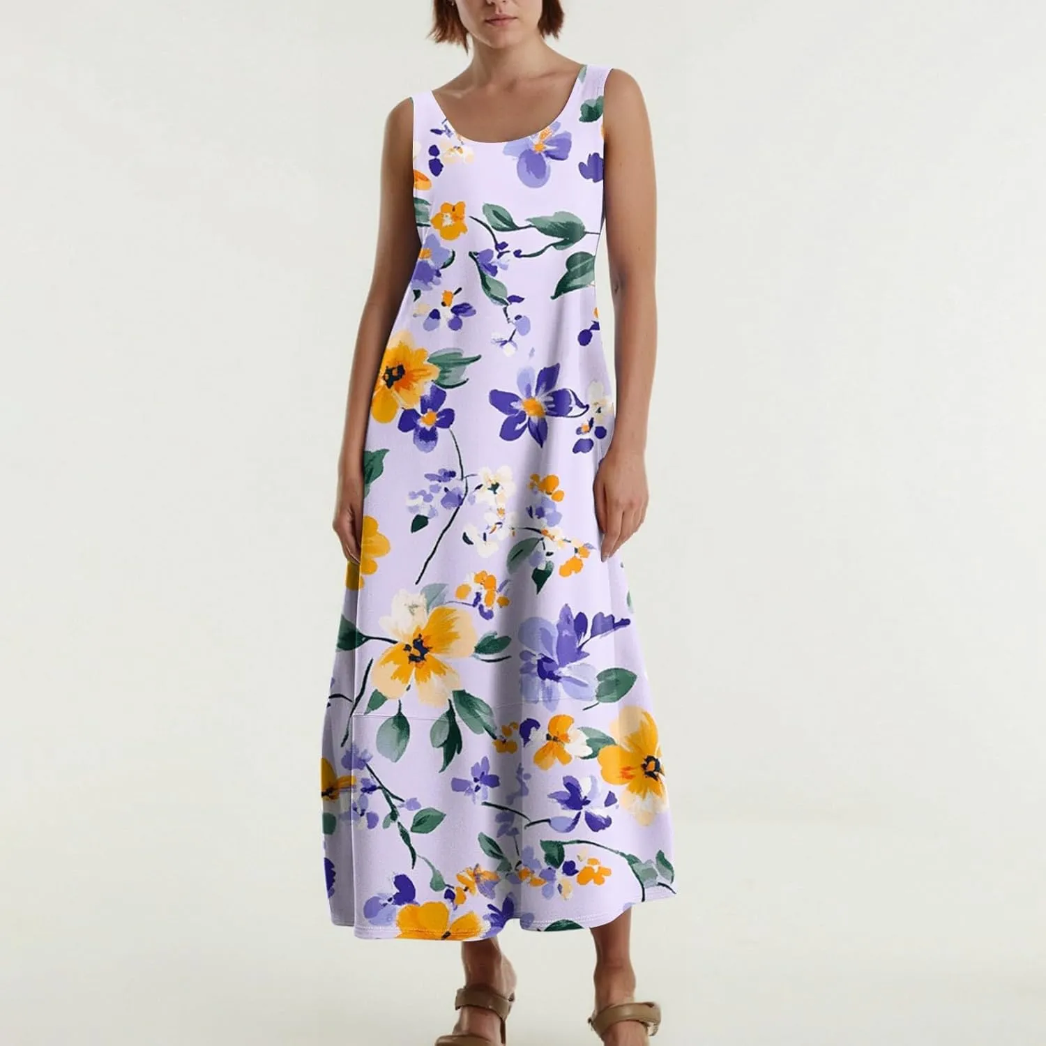 Summer Boho Dresses for Women 2025,Floral Spring Dresses for Women Scoop Neck Flowy Tank Sundress with Pocket S-XXL