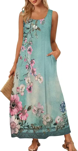 Summer Boho Dresses for Women 2025,Floral Spring Dresses for Women Scoop Neck Flowy Tank Sundress with Pocket S-XXL