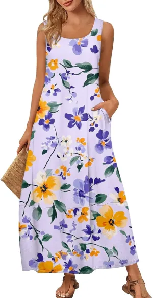 Summer Boho Dresses for Women 2025,Floral Spring Dresses for Women Scoop Neck Flowy Tank Sundress with Pocket S-XXL