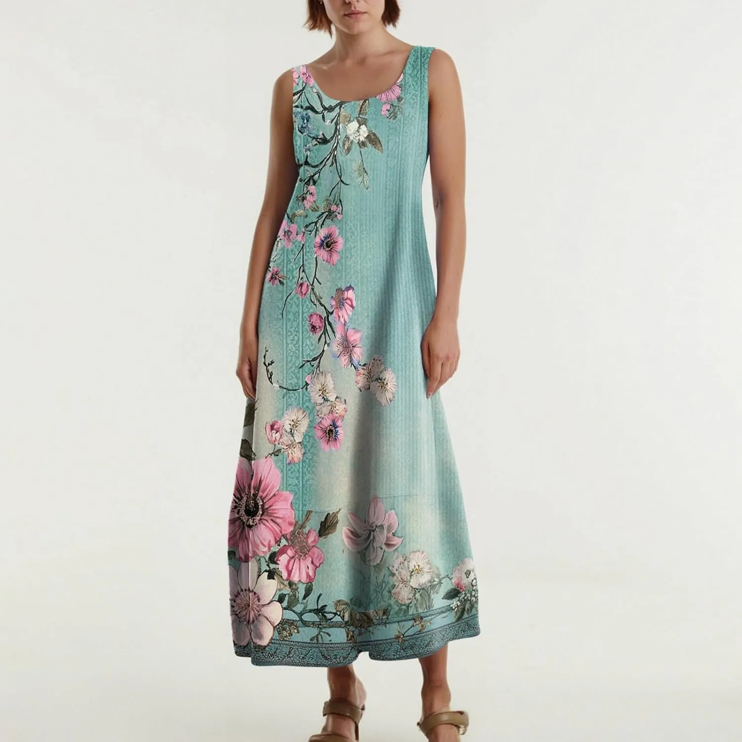 Summer Boho Dresses for Women 2025,Floral Spring Dresses for Women Scoop Neck Flowy Tank Sundress with Pocket S-XXL
