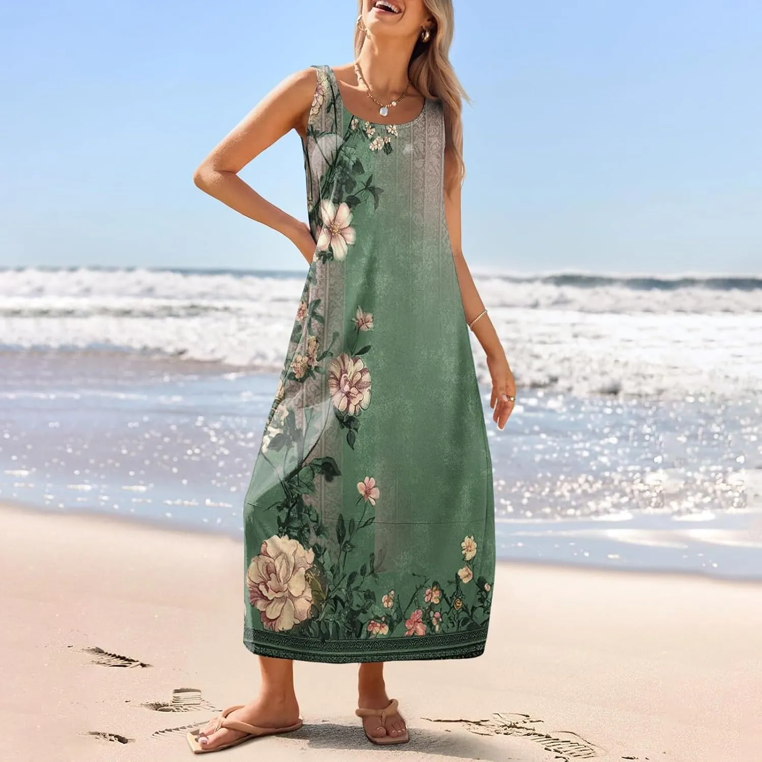 Summer Boho Dresses for Women 2025,Floral Spring Dresses for Women Scoop Neck Flowy Tank Sundress with Pocket S-XXL