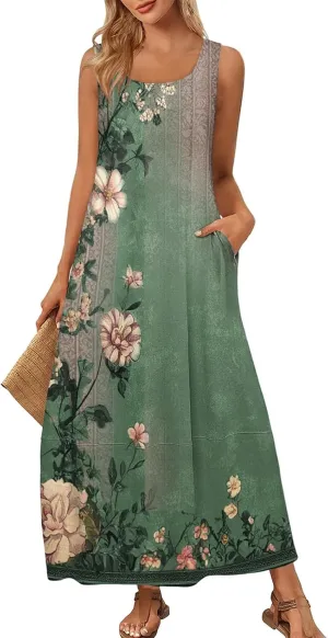 Summer Boho Dresses for Women 2025,Floral Spring Dresses for Women Scoop Neck Flowy Tank Sundress with Pocket S-XXL