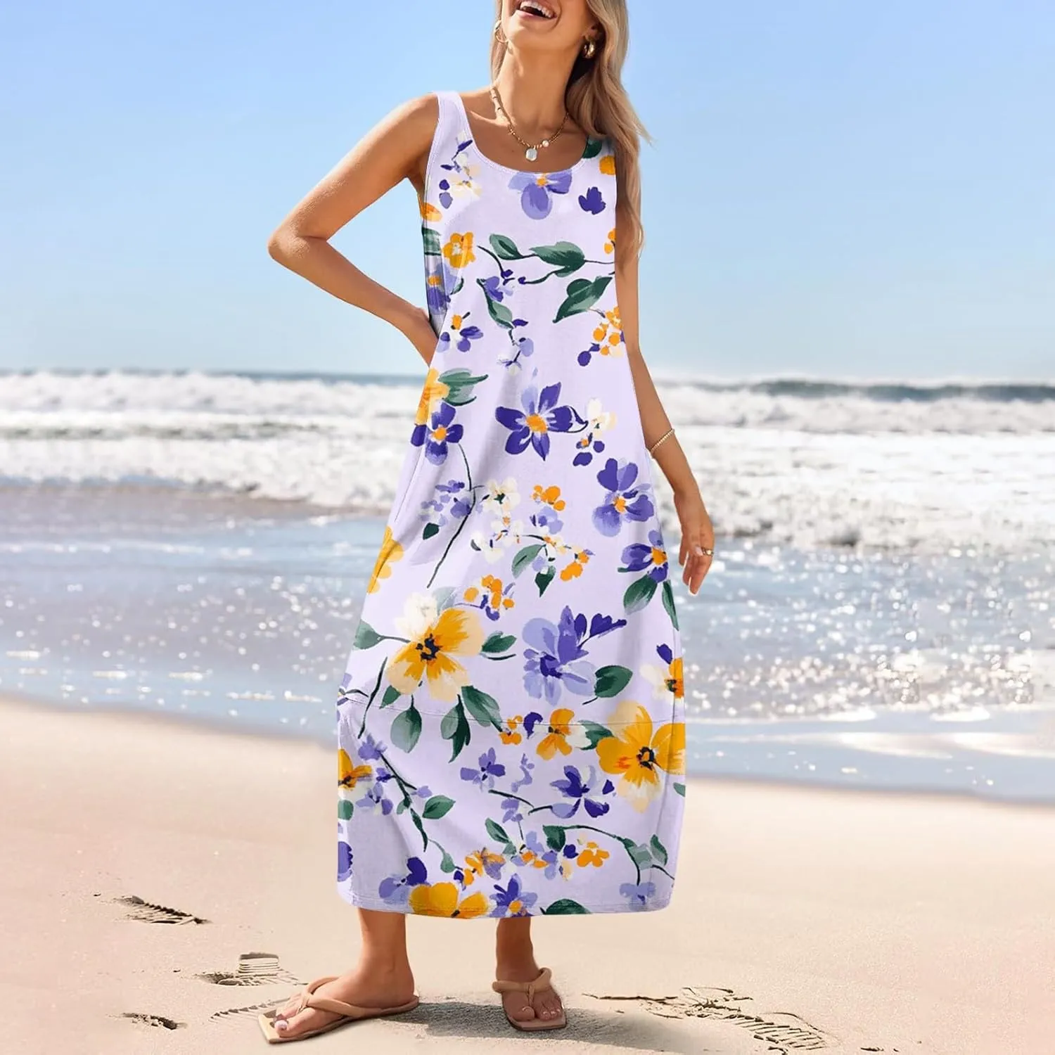 Summer Boho Dresses for Women 2025,Floral Spring Dresses for Women Scoop Neck Flowy Tank Sundress with Pocket S-XXL