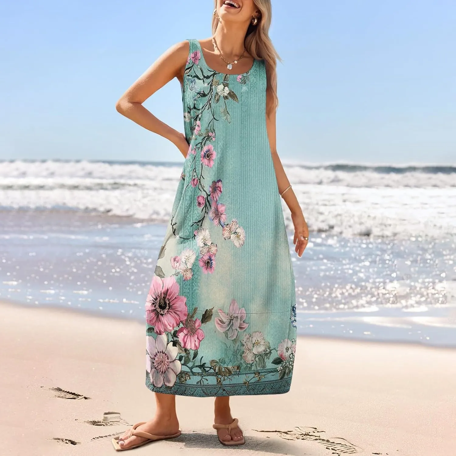 Summer Boho Dresses for Women 2025,Floral Spring Dresses for Women Scoop Neck Flowy Tank Sundress with Pocket S-XXL