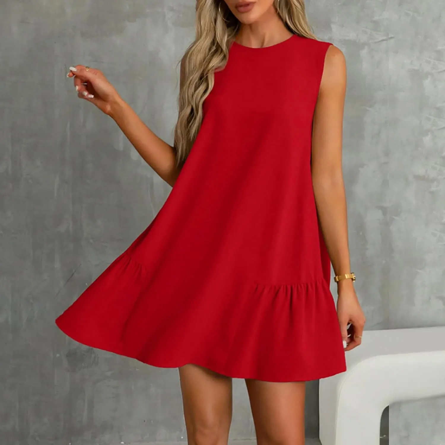 Summer Casual Sleeveless Tank Dresses for Women 2025 Crewneck Beach Vacation Sundresses A-Line Ruffle Hem Mini Dress