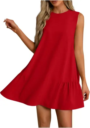 Summer Casual Sleeveless Tank Dresses for Women 2025 Crewneck Beach Vacation Sundresses A-Line Ruffle Hem Mini Dress