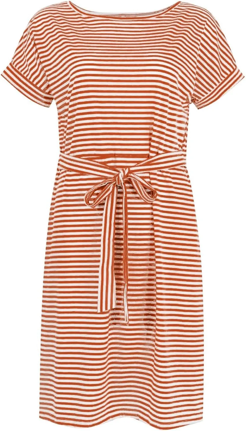 Summer Dresses for Women 2025 Casual Short Sleeve T Shirt Dress Tie Waist Belted Pencil Midi Dress with Pockets