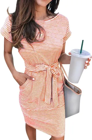 Summer Dresses for Women 2025 Casual Short Sleeve T Shirt Dress Tie Waist Belted Pencil Midi Dress with Pockets