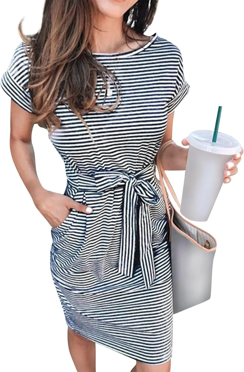 Summer Dresses for Women 2025 Casual Short Sleeve T Shirt Dress Tie Waist Belted Pencil Midi Dress with Pockets