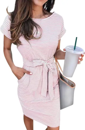 Summer Dresses for Women 2025 Casual Short Sleeve T Shirt Dress Tie Waist Belted Pencil Midi Dress with Pockets