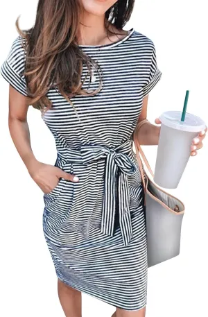 Summer Dresses for Women 2025 Casual Short Sleeve T Shirt Dress Tie Waist Belted Pencil Midi Dress with Pockets