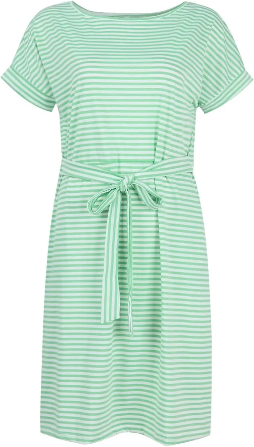 Summer Dresses for Women 2025 Casual Short Sleeve T Shirt Dress Tie Waist Belted Pencil Midi Dress with Pockets