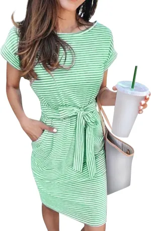 Summer Dresses for Women 2025 Casual Short Sleeve T Shirt Dress Tie Waist Belted Pencil Midi Dress with Pockets