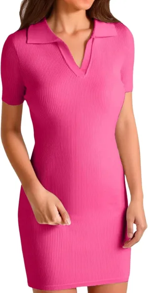 Summer Dresses for Women 2025 Collared Wrap Short Dresses Ribbed Short Sleeve V Neck Sun Dress Business Casual Dress