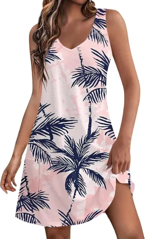 Summer Dresses for Women 2025 Loose V Neck Sleeveless Sundresses Hawaiian Tank Dress Swimsuit Coverup with Pockets