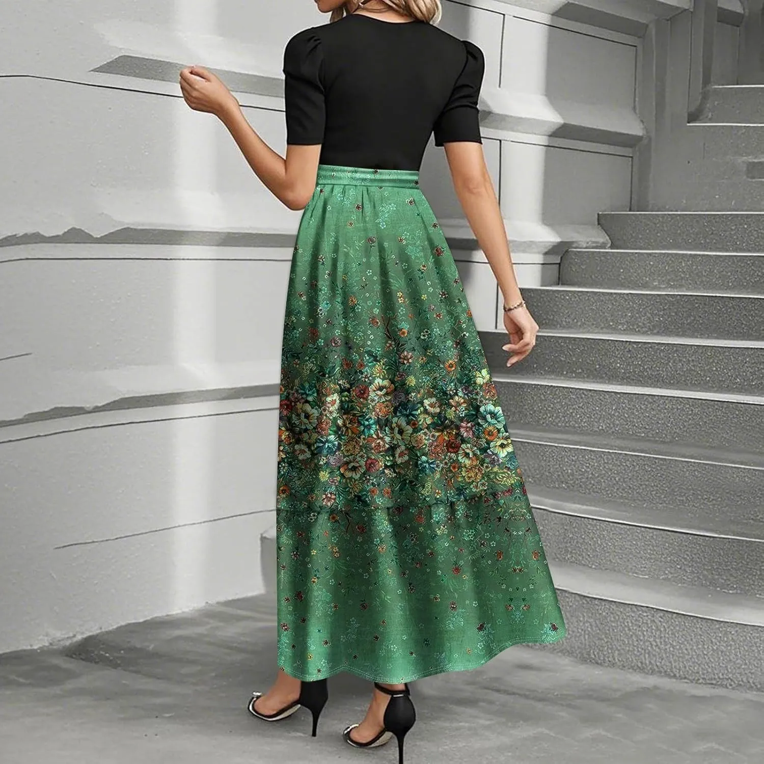 Summer Dresses for Women 2025 Patchwork a Line Dress Flowy Floral Long Sundress Short Sleeve Ruffle Hem Maxi Dress