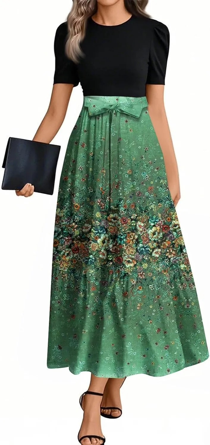 Summer Dresses for Women 2025 Patchwork a Line Dress Flowy Floral Long Sundress Short Sleeve Ruffle Hem Maxi Dress