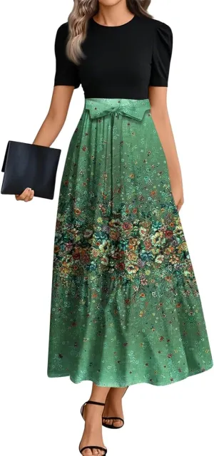 Summer Dresses for Women 2025 Patchwork a Line Dress Flowy Floral Long Sundress Short Sleeve Ruffle Hem Maxi Dress