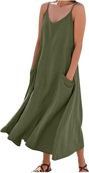 Summer Dresses for Women 2025 Plus Size Sleeveless Linen Dresses Casual Flowy Beach Maxi Sun Dress with Pocket