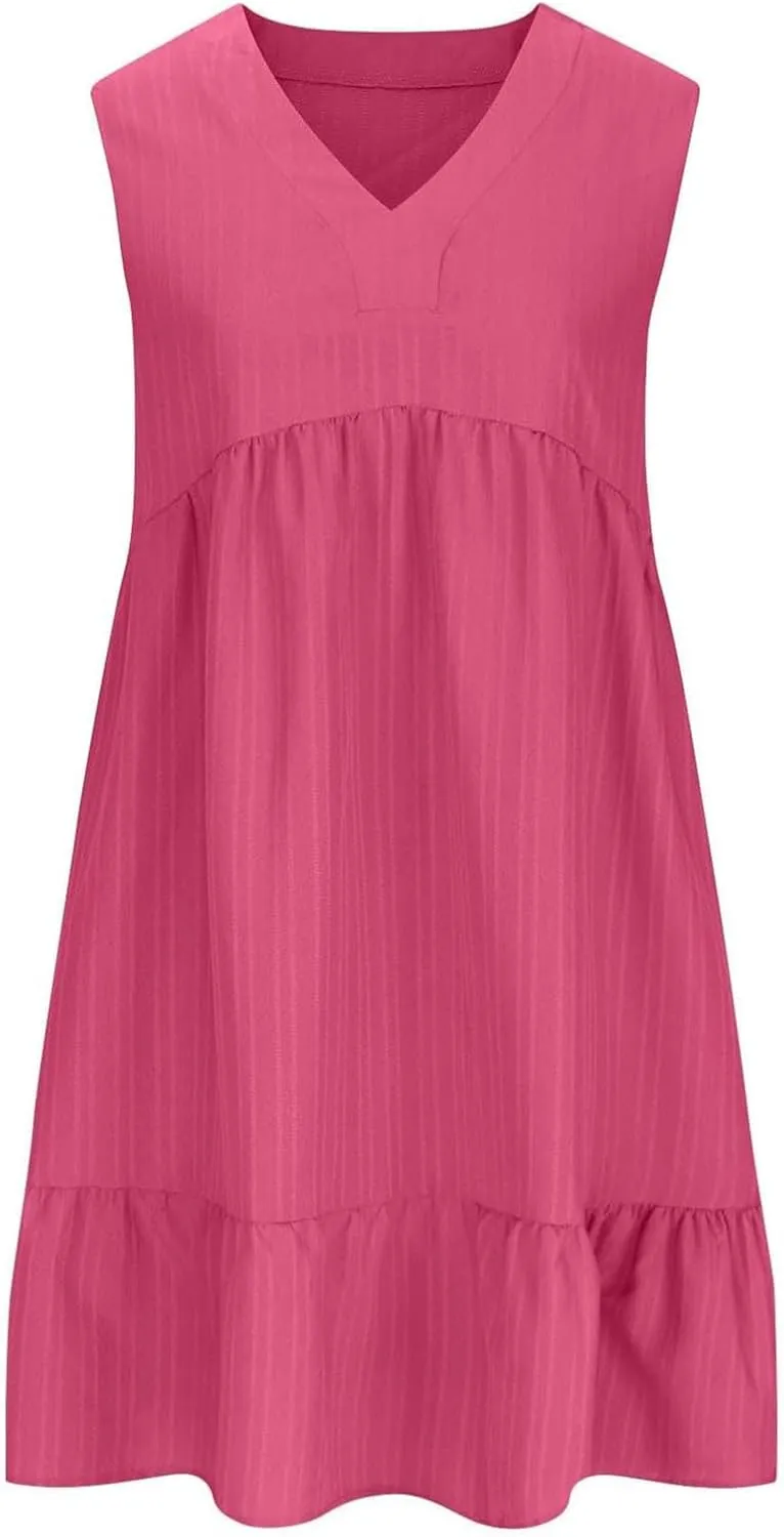 Summer Dresses for Women 2025 Sleeveless v Neck Mini Shirt Dress Casual Pleated Boho Ruffle A Line Swing Sundresses