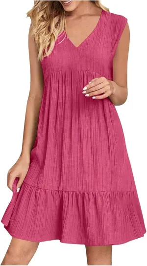 Summer Dresses for Women 2025 Sleeveless v Neck Mini Shirt Dress Casual Pleated Boho Ruffle A Line Swing Sundresses