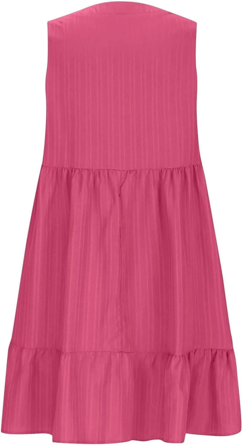 Summer Dresses for Women 2025 Sleeveless v Neck Mini Shirt Dress Casual Pleated Boho Ruffle A Line Swing Sundresses