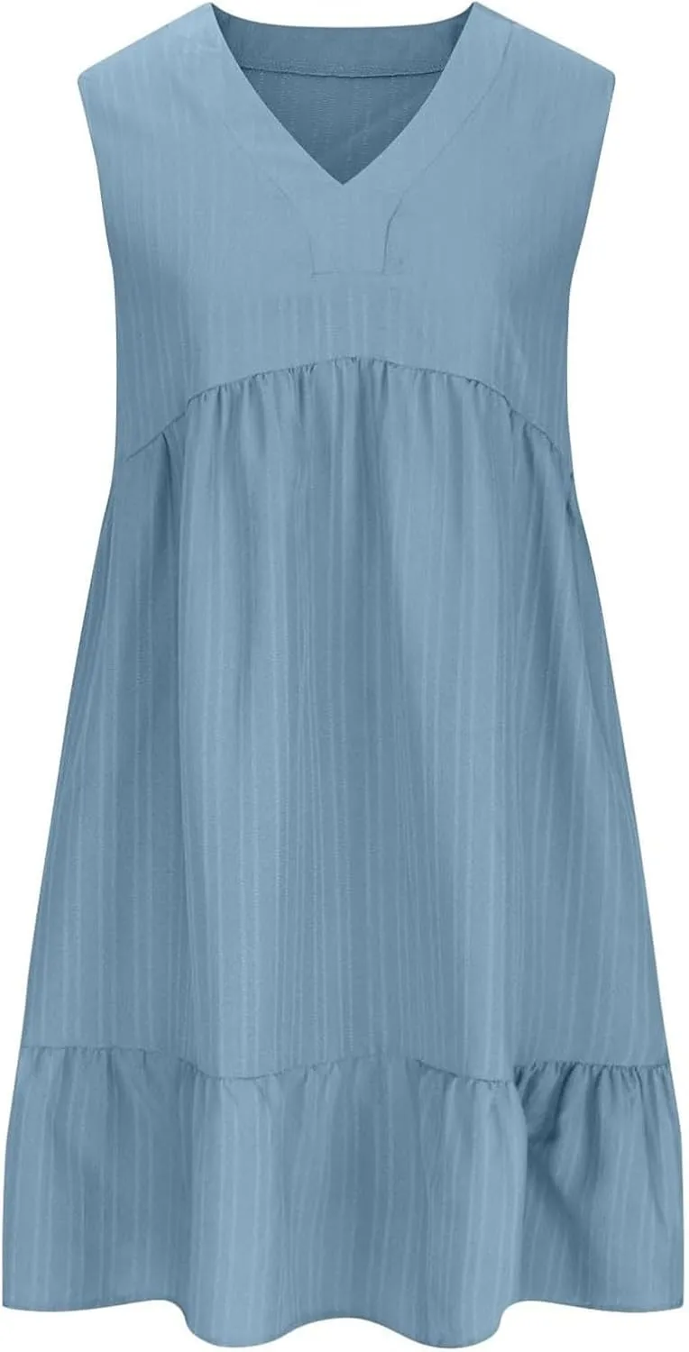 Summer Dresses for Women 2025 Sleeveless v Neck Mini Shirt Dress Casual Pleated Boho Ruffle A Line Swing Sundresses