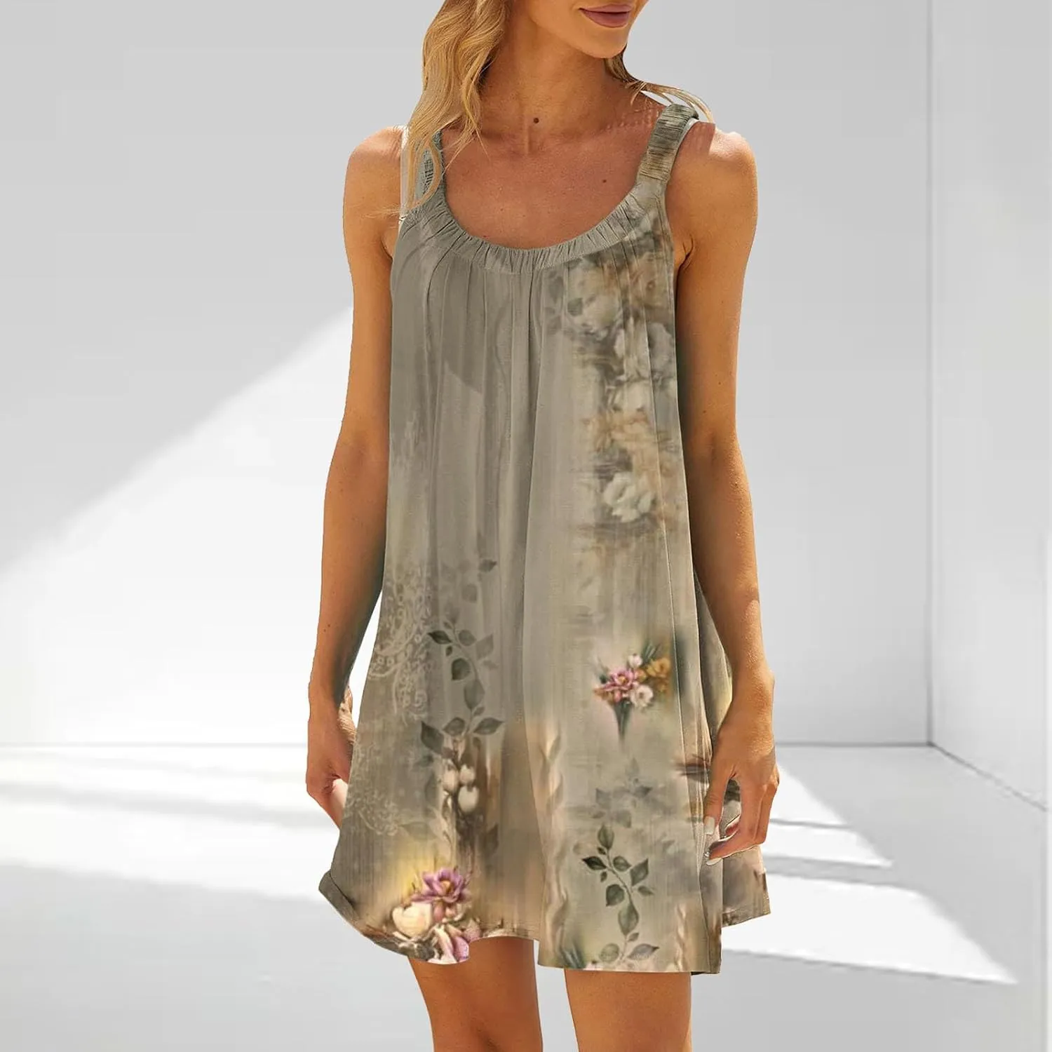Summer Dresses for Women Casual Crewneck Ruched Sleeveless Sundress Boho Floral Beach Vacation Retro Mini Dress