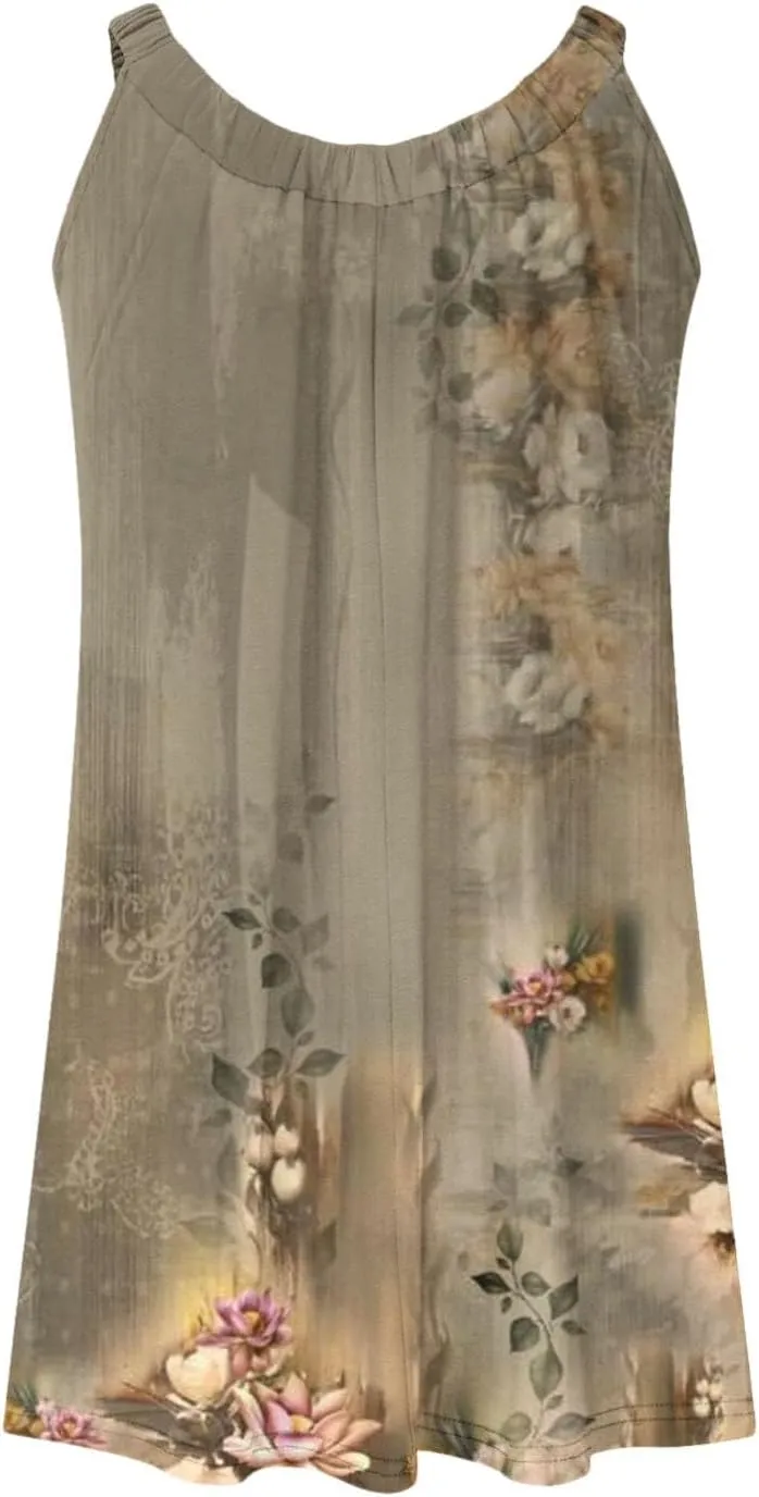 Summer Dresses for Women Casual Crewneck Ruched Sleeveless Sundress Boho Floral Beach Vacation Retro Mini Dress