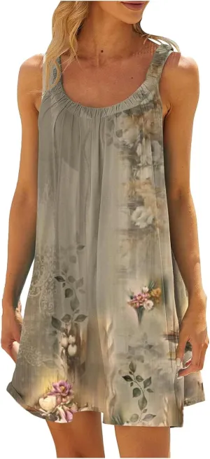 Summer Dresses for Women Casual Crewneck Ruched Sleeveless Sundress Boho Floral Beach Vacation Retro Mini Dress