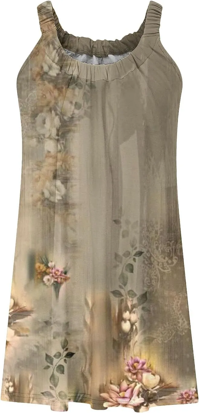 Summer Dresses for Women Casual Crewneck Ruched Sleeveless Sundress Boho Floral Beach Vacation Retro Mini Dress