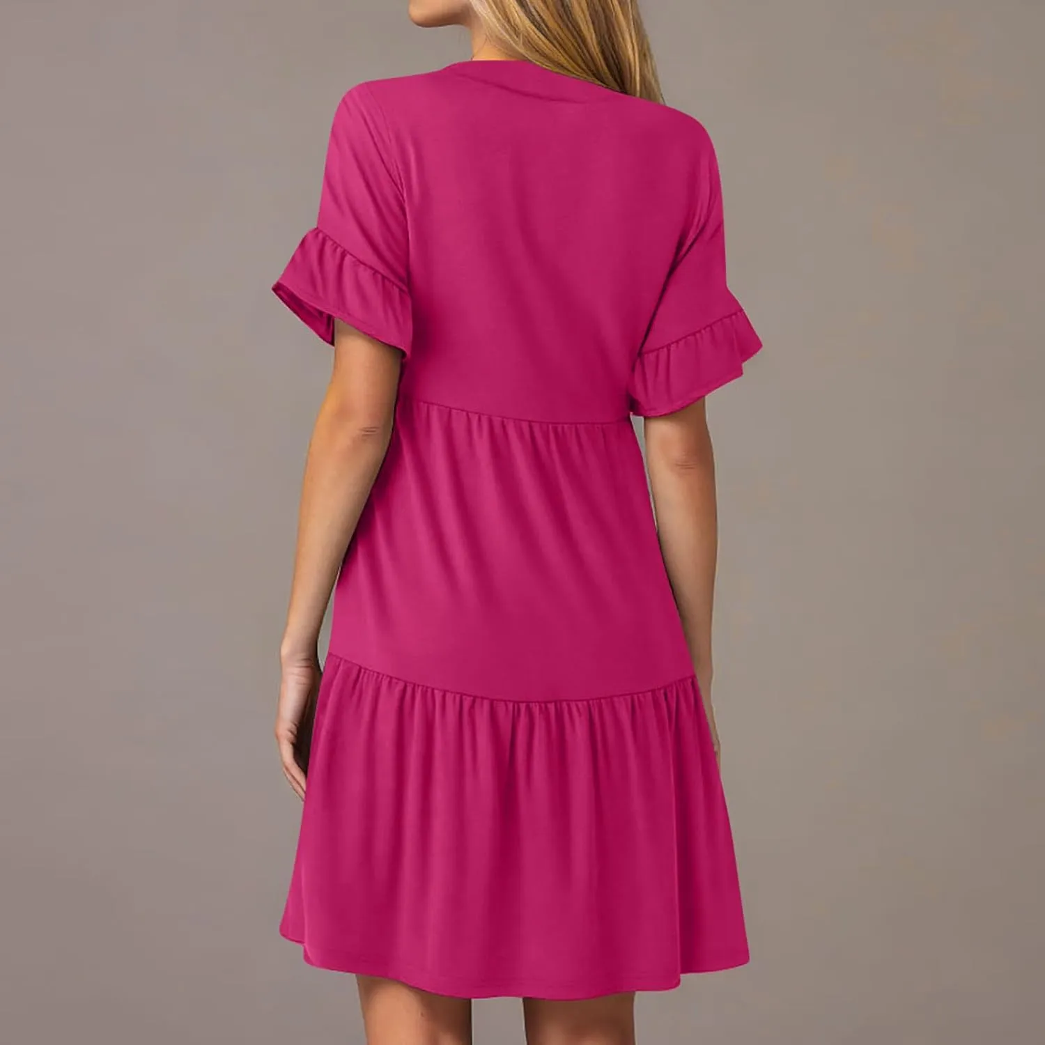 Summer Dresses for Women Casual Ruffle Sleeve Button Down Shirt Dress Tiered Flowy Shift Sundresses with Pockets