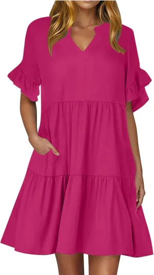 Summer Dresses for Women Casual Ruffle Sleeve Button Down Shirt Dress Tiered Flowy Shift Sundresses with Pockets