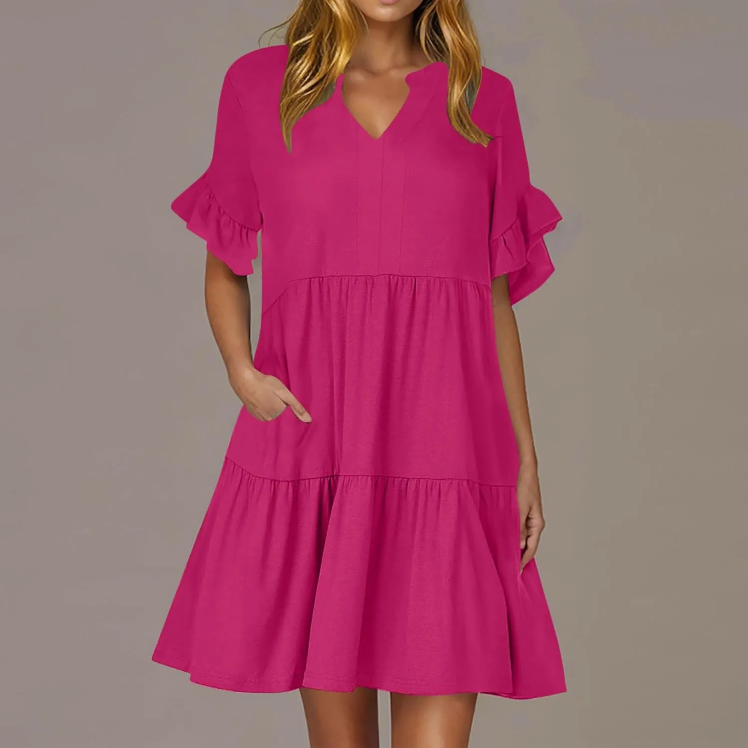 Summer Dresses for Women Casual Ruffle Sleeve Button Down Shirt Dress Tiered Flowy Shift Sundresses with Pockets