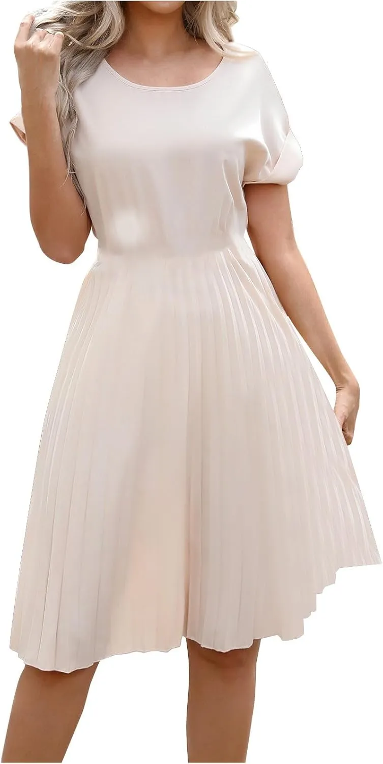 Summer Dresses for Women Dressy Elegant Short Sleeve Pleated Flowy Midi Dress Flowy Beach Party Long Sundress