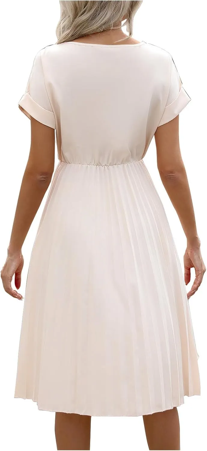 Summer Dresses for Women Dressy Elegant Short Sleeve Pleated Flowy Midi Dress Flowy Beach Party Long Sundress