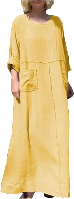Summer Dresses for Women Plus Size Long Sleeve Maxi Dress Crew Neck Dresses with Pocket Cotton Linen Maxi Sundress