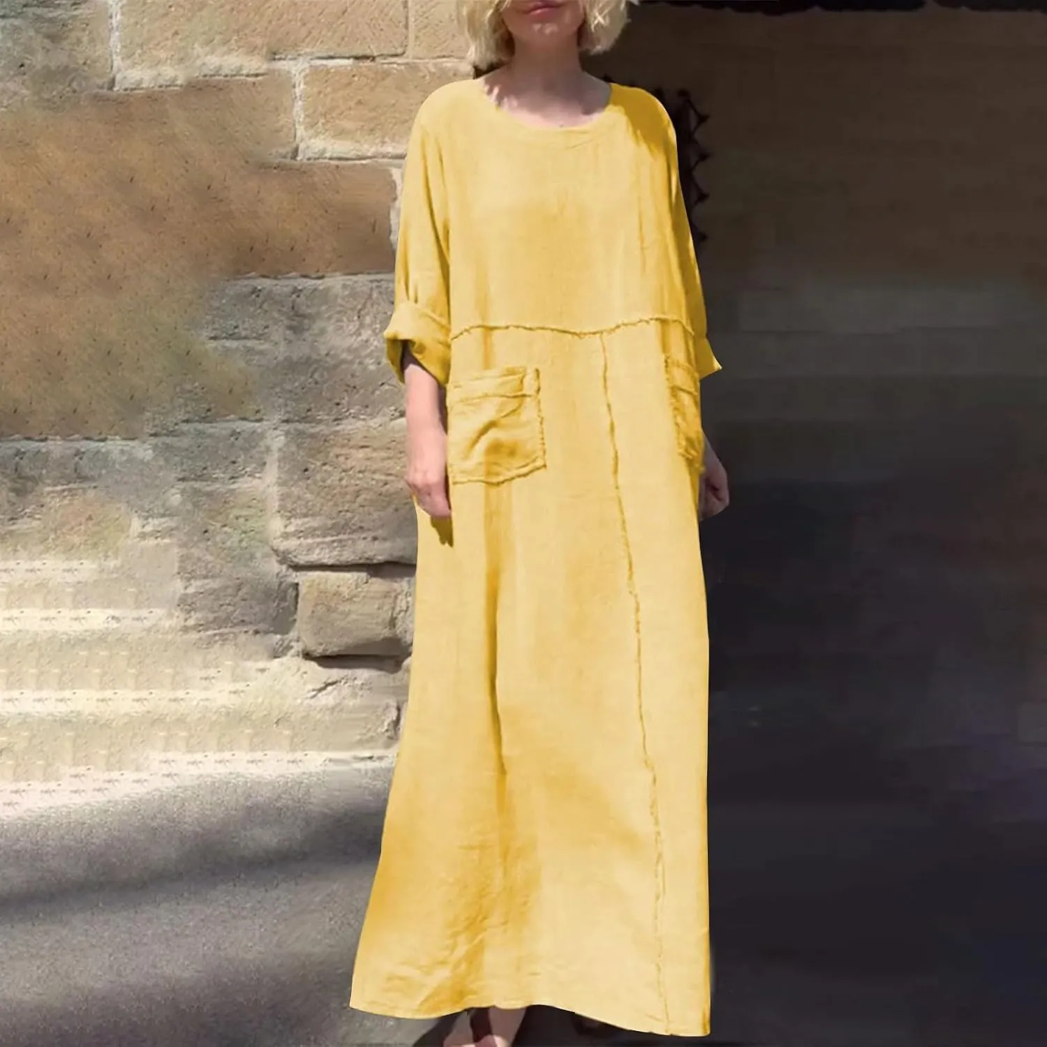 Summer Dresses for Women Plus Size Long Sleeve Maxi Dress Crew Neck Dresses with Pocket Cotton Linen Maxi Sundress