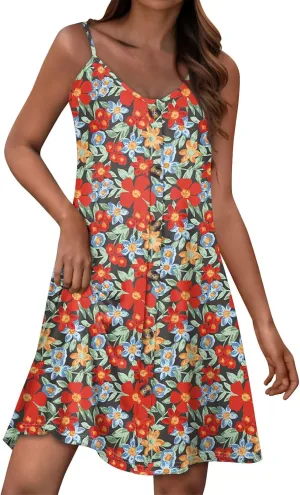 Summer Dresses for Women Spaghetti Strap Casual Swing Tank Beach Cover Up Dress with Pockets