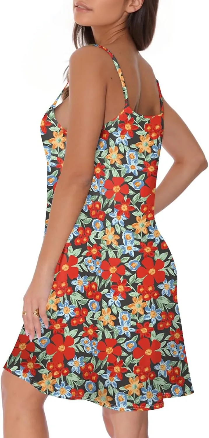 Summer Dresses for Women Spaghetti Strap Casual Swing Tank Beach Cover Up Dress with Pockets